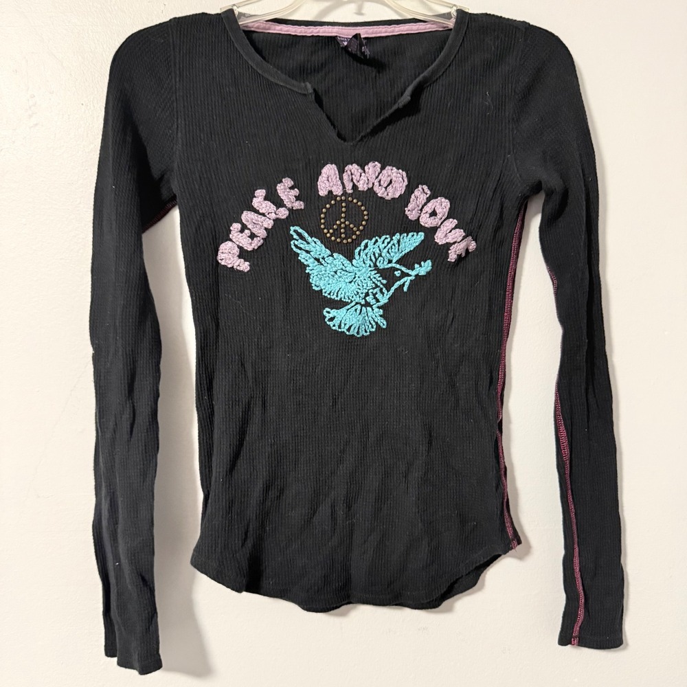 Lucky Brand Womens XS Black Waffle Knit Thermal Peace and Love Embroidered Top